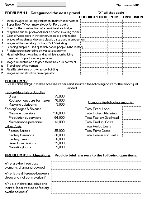 Name: Mig - Homework #2 PROBLEM #1 - Categorized the costs