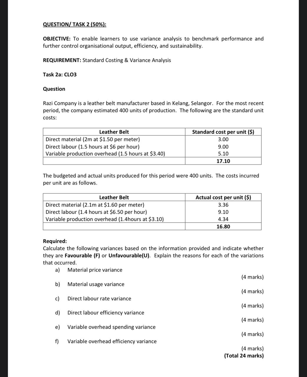 QUESTION/ TASK 2 (50\%): OBJECTIVE: To enable learners to use variance
