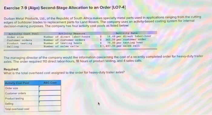  Exercise 7-9 (Algo) Second-Stage Allocation to an Order (L07-4) Durban Metal
