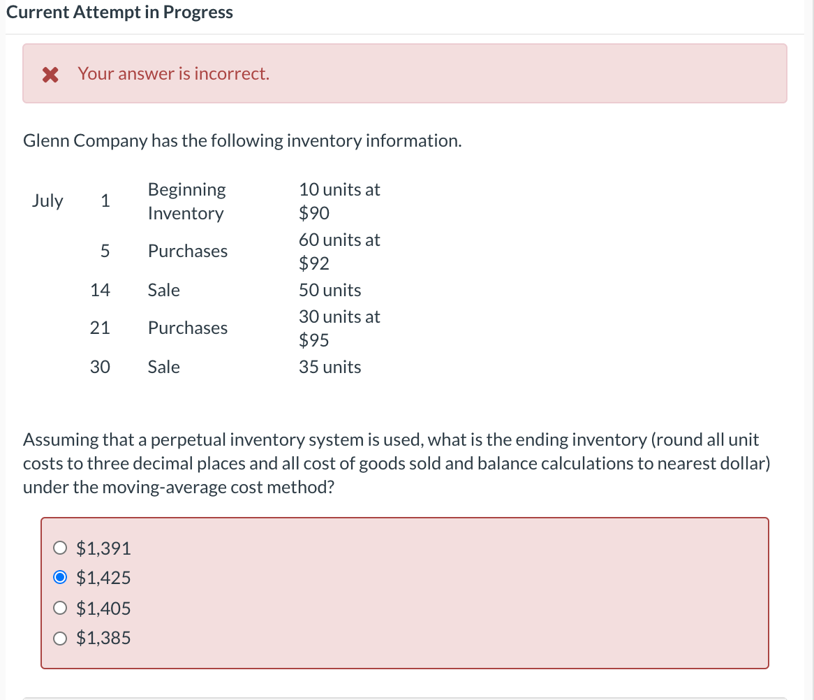  Current Attempt in Progress X Your answer is incorrect. Glenn Company