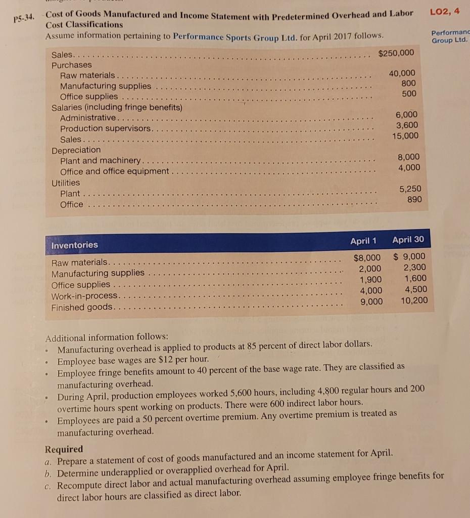 please help with chapter 5 question p5-34 for managerial accounting, 8th edition,