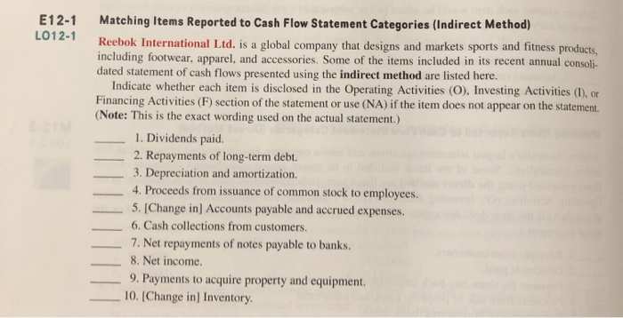help please E12-1 LO12-1 Matching Items Reported to Cash Flow Statement Categories