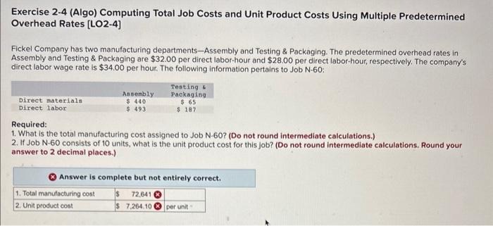 please respond quickly Exercise 2-4 (Algo) Computing Total Job Costs and Unit