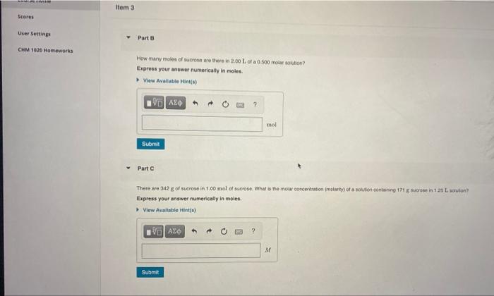  Item 3 Stores User Settings Part CHM 1026 Homeworks How many