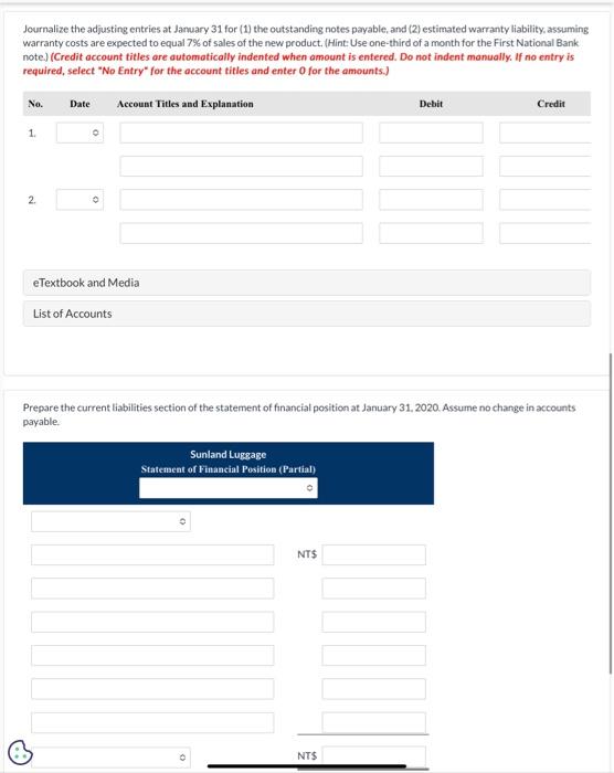 the following selected transactions occurred. Jan. Sold merchandise for cash totaling NT\$20,520,
