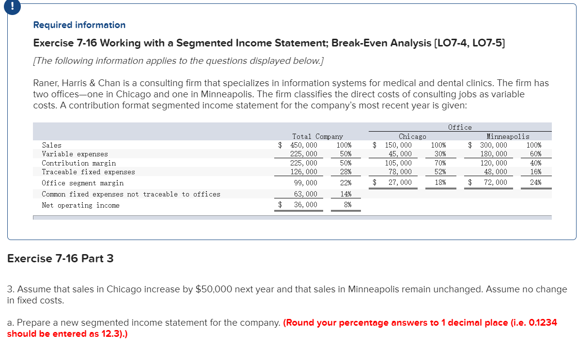 Required information Exercise 7-16 Working with a Segmented Income Statement; Break-Even