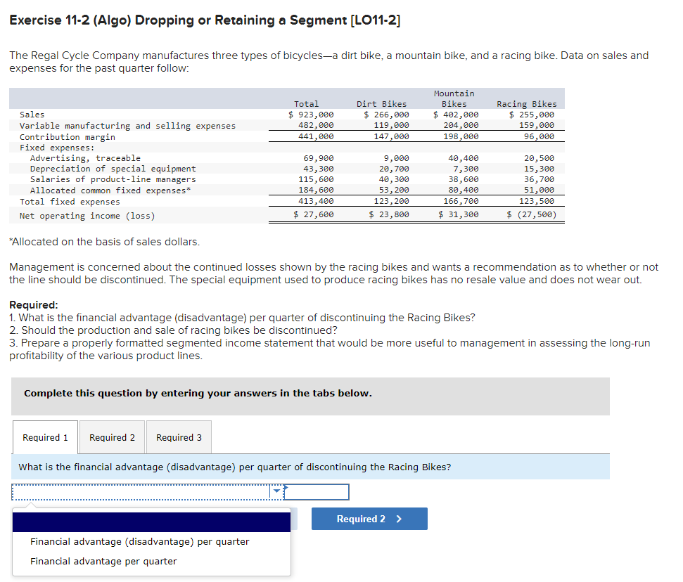  Exercise 11-2 (Algo) Dropping or Retaining a Segment [LO11-2] The Regal
