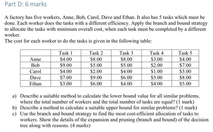 please solve this qsn Part D: 6 marks A factory has five