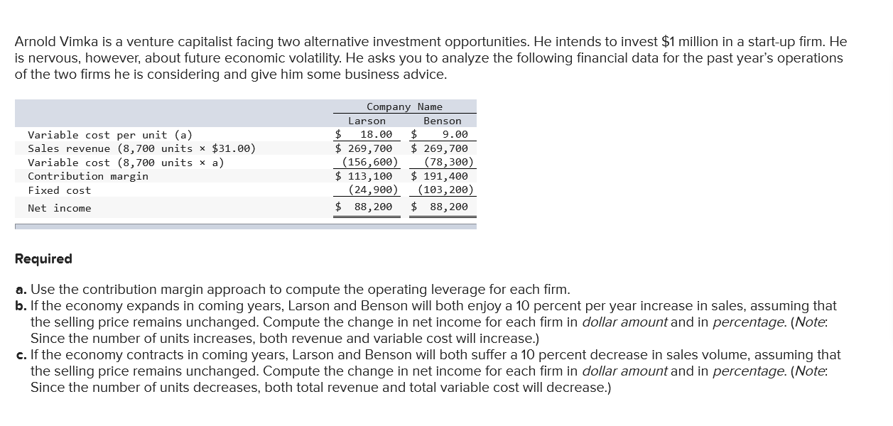  Arnold Vimka is a venture capitalist facing two alternative investment opportunities.