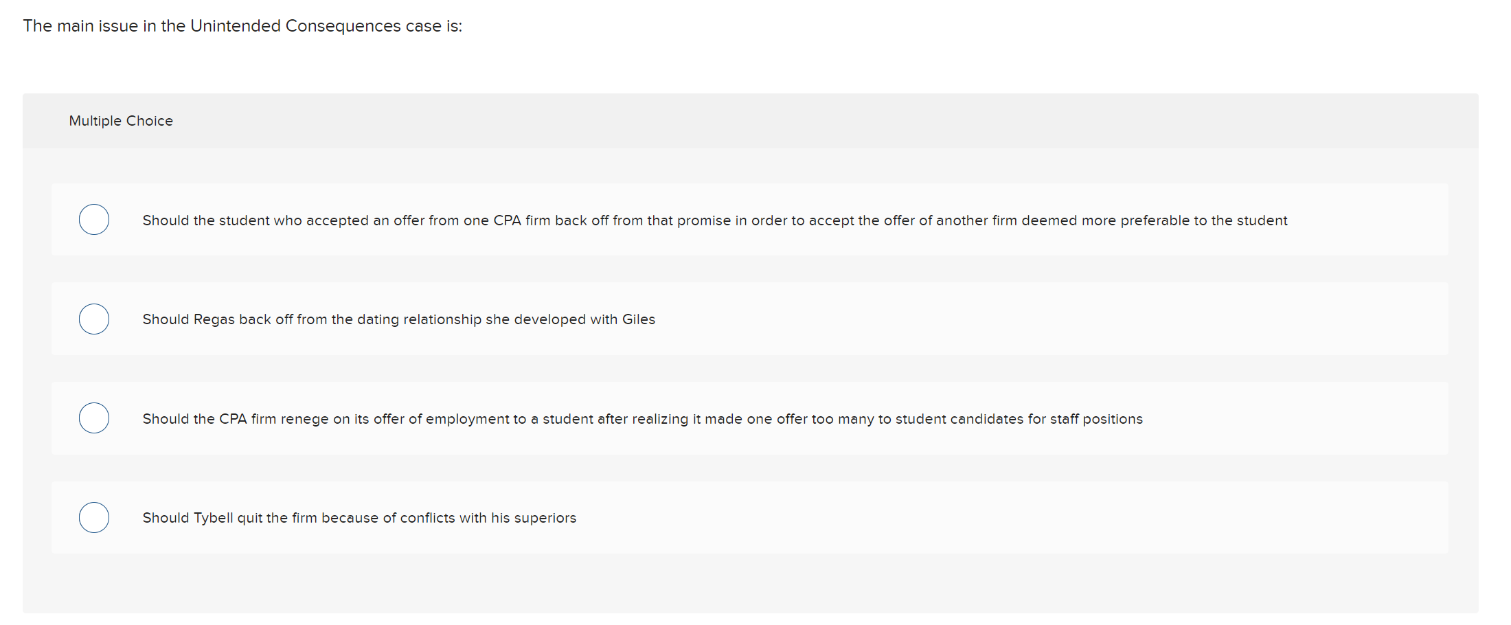 The main issue in the Unintended Consequences case is: Multiple Choice