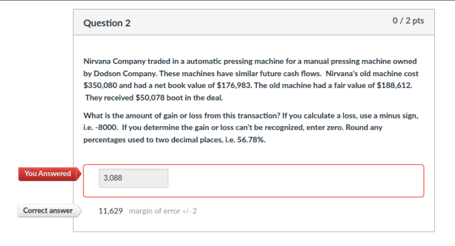 Question 2 0/2 pts Nirvana Company traded in a automatic pressing