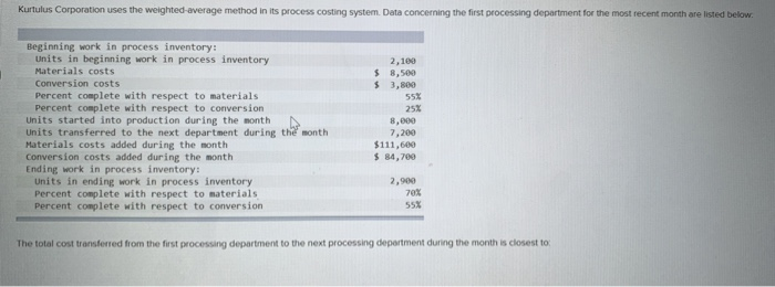  Kurtulus Corporation uses the weighted average method in its process costing