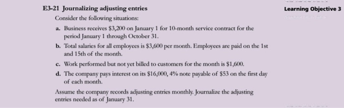  Learning Objective 3 E3-21 Journalizing adjusting entries Consider the following situations: