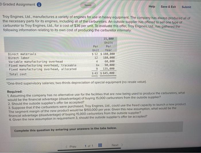  3 Graded Assignment Saved Help Save & Exit Submit Troy Engines,