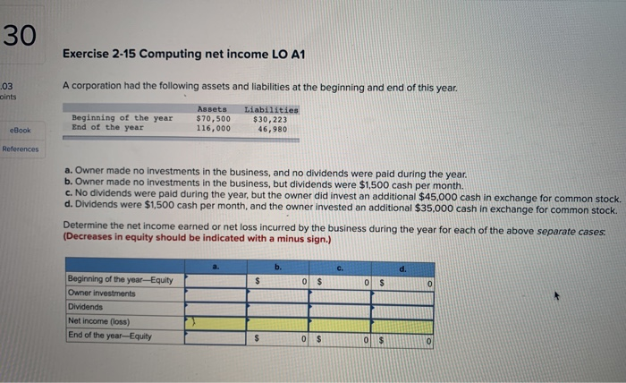  30 Exer Exercise 2-15 Computing net income LO A1 A corporation