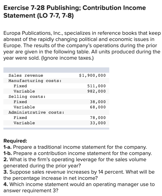 Accounting Help ASAP!!!!!! Exercise 7-28 Publishing; Contribution Income Statement (LO 7-7, 7-8)