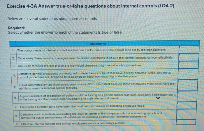  Exercise 4-3A Answer true-or-false questions about internal controls (L04-2) Below are