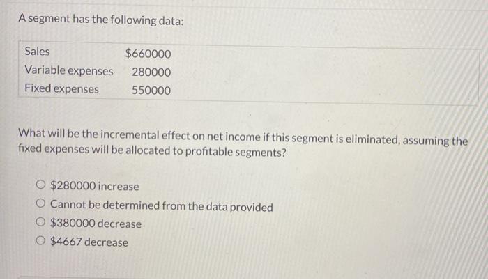  A segment has the following data: Sales Variable expenses Fixed expenses