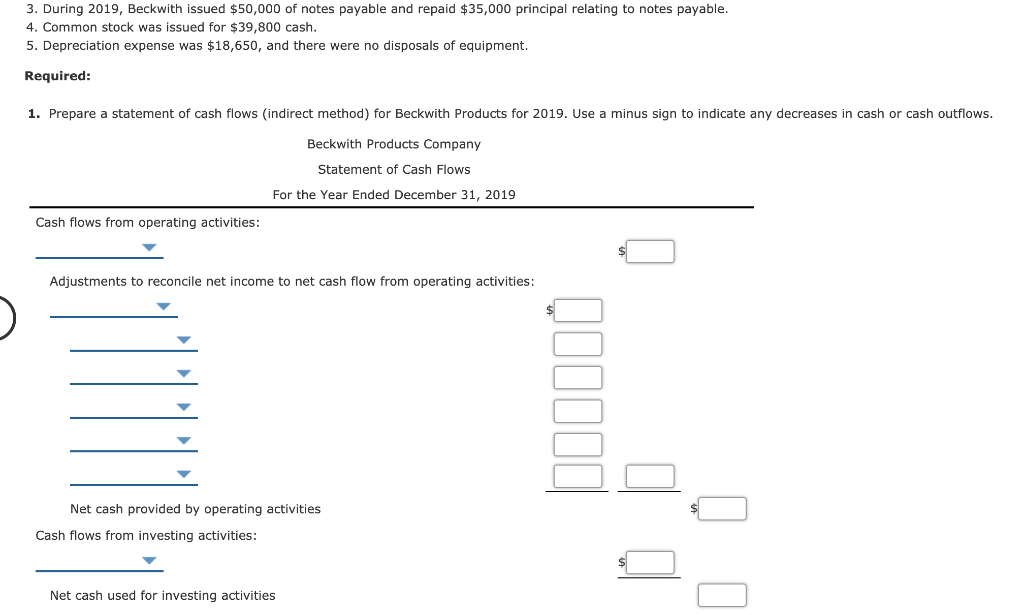 balance sheets for Beckwith Products Company are presented below. 2019 2018 Assets: