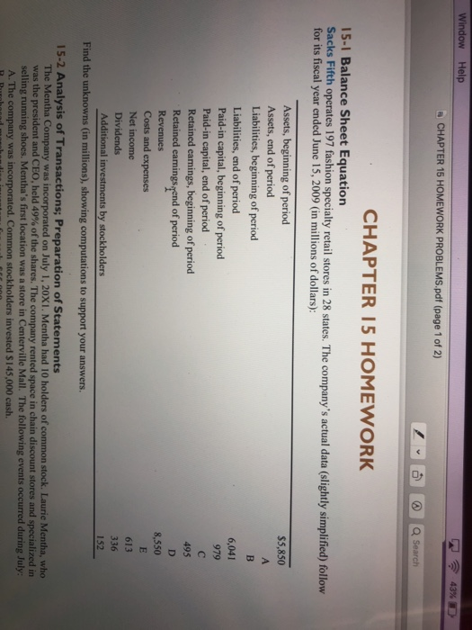 please do 15.1 & 15.2 Window Help 43% CHAPTER 15 HOMEWORK PROBLEMS.pdf