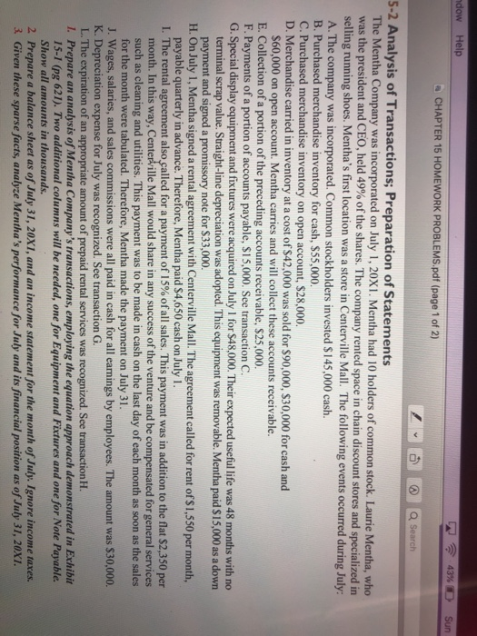 (page 1 of 2) Q Search CHAPTER 15 HOMEWORK 15-1 Balance Sheet