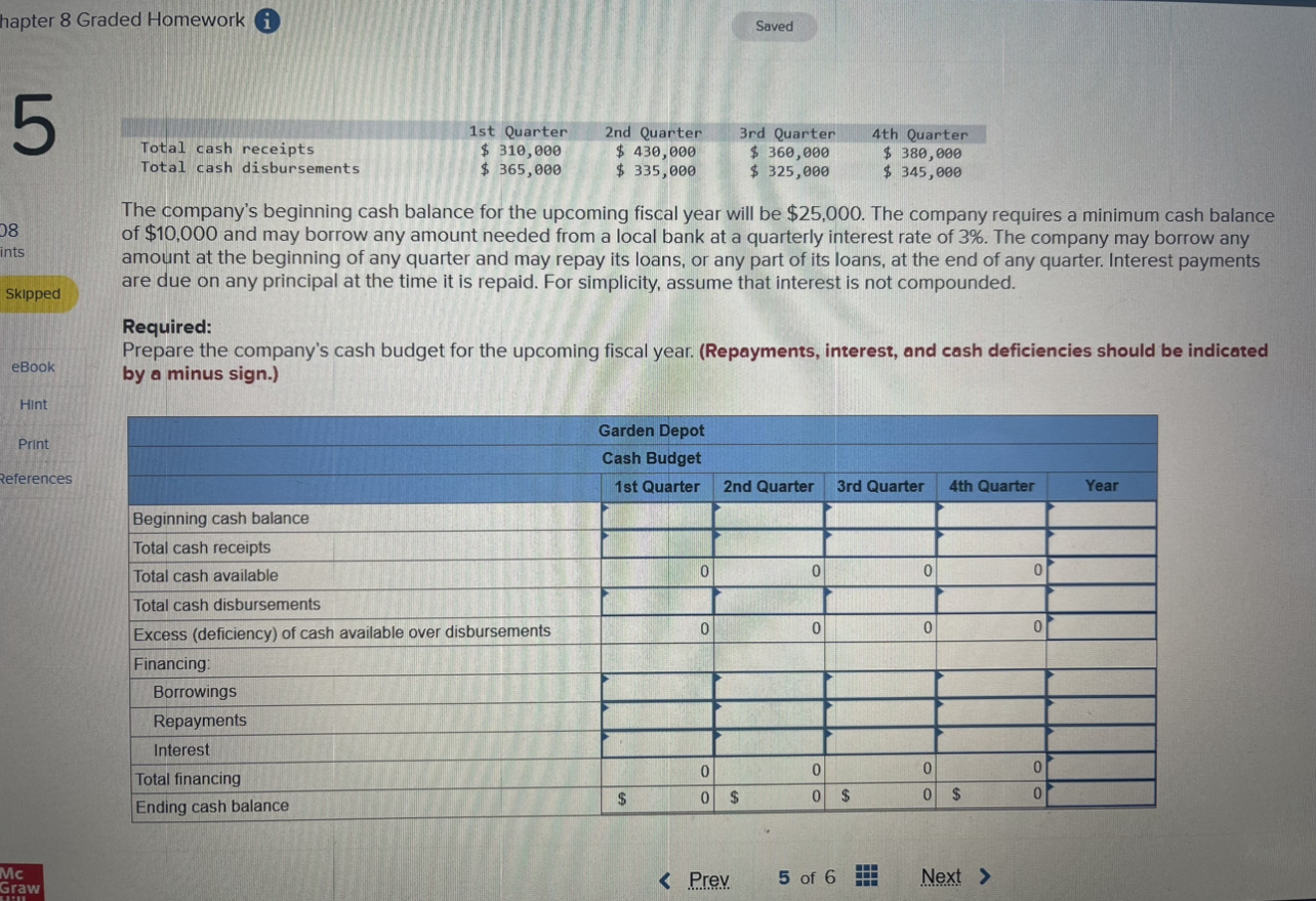  hapter 8 Graded Homework (i) \table[[,1st Quarter,2nd Quarter,3rd Quarter,4th Quarter],[Total cash