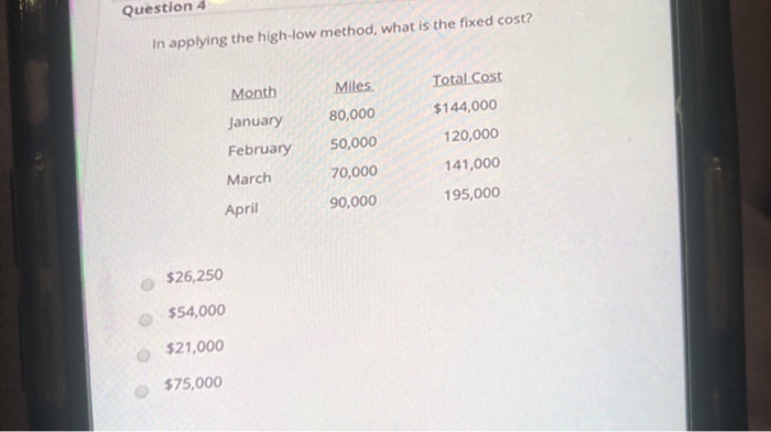  Question 4 In applying the high-low method, what is the fixed