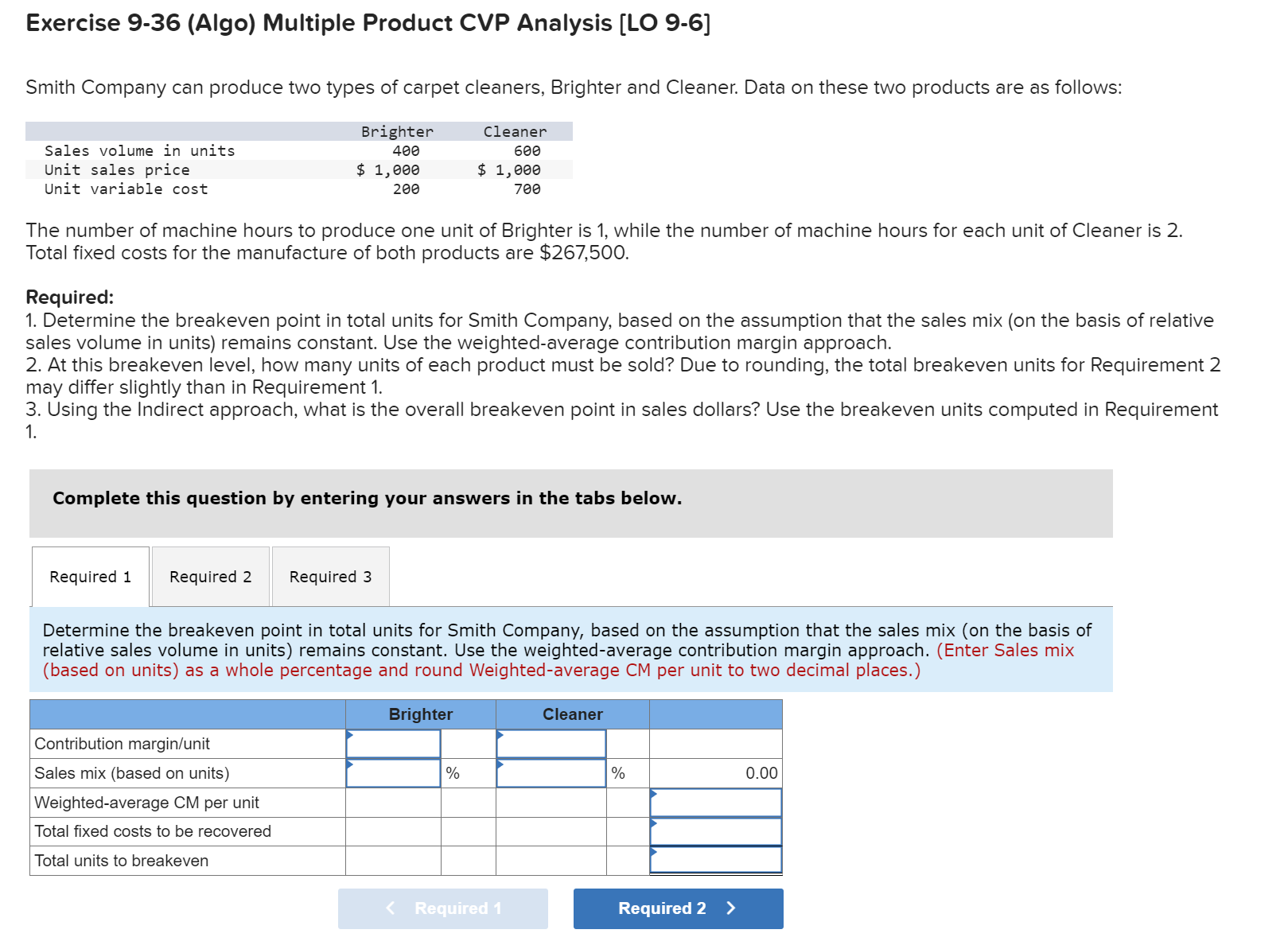  Exercise 9-36 (Algo) Multiple Product CVP Analysis [LO 9-6] Smith Company