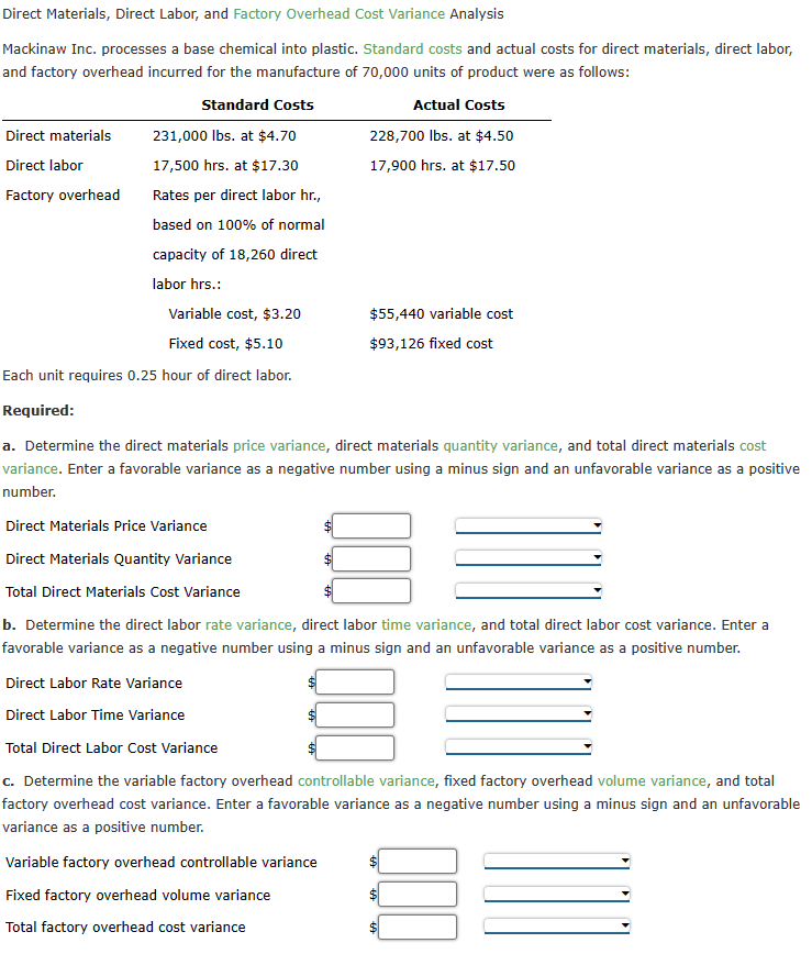 Direct Materials, Direct Labor, and Factory Overhead Cost Variance Analysis Mackinaw