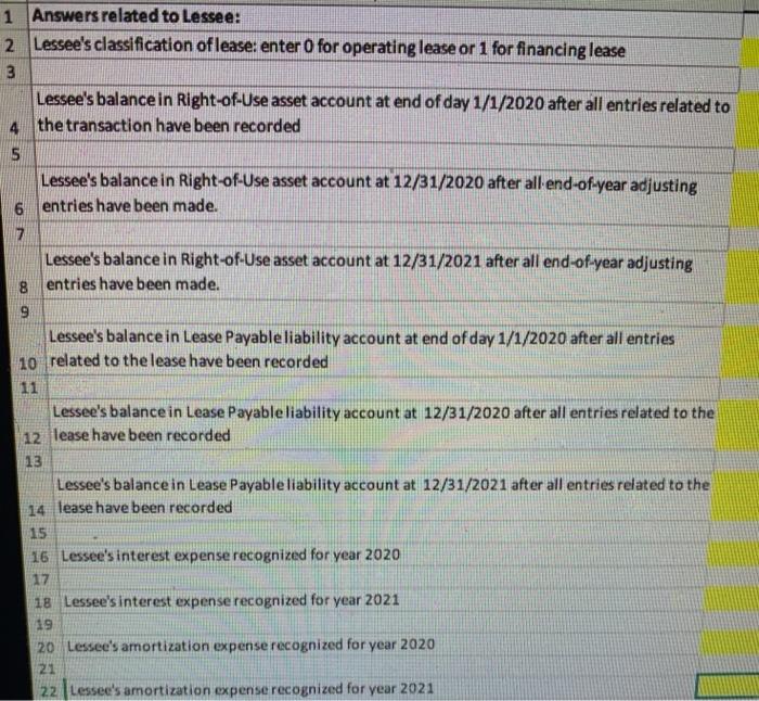 Lessee and Lessor execute lease agreement on January 1, 2020. Fair market