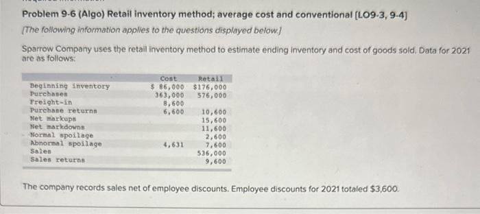  Problem 9.6 (Algo) Retail inventory method; average cost and conventional [