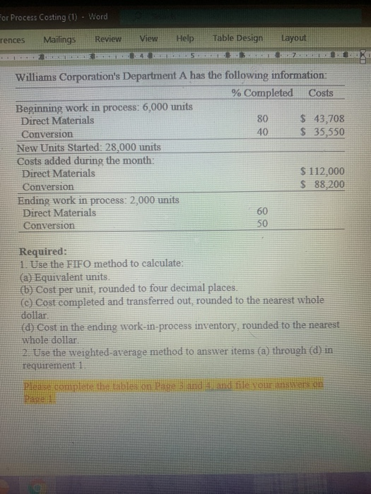 Units for b. Cost per unit c. Total costs completed and transferred