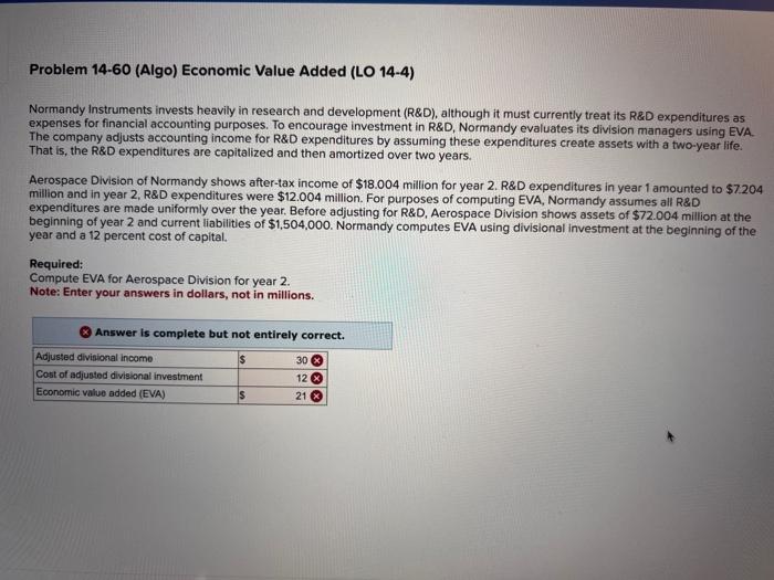  Problem 14-60 (Algo) Economic Value Added (LO 14-4) Normandy instruments invests