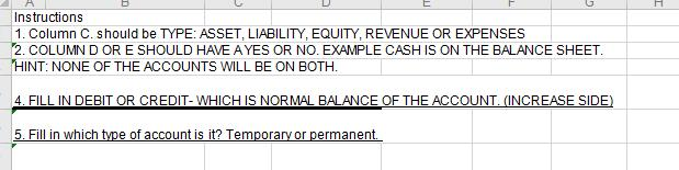 H Instructions 1. Column C. should be TYPE: ASSET, LIABILITY, EQUITY,