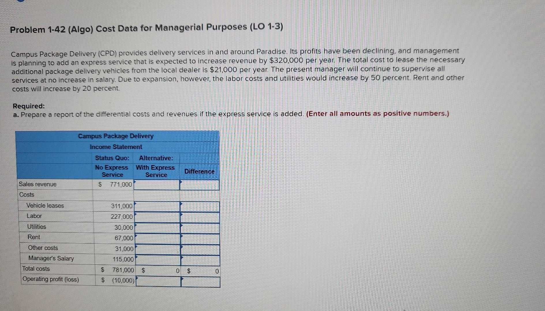  Problem 1-42 (Algo) Cost Data for Managerial Purposes (LO 1-3) Campus
