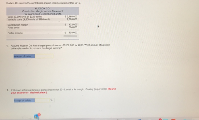  Hudson Co. reports the contribution margin income statement for 2015. Assume