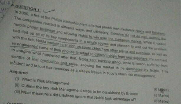  QUESTION 1 In 2000, a fire at the Philips microchip plant