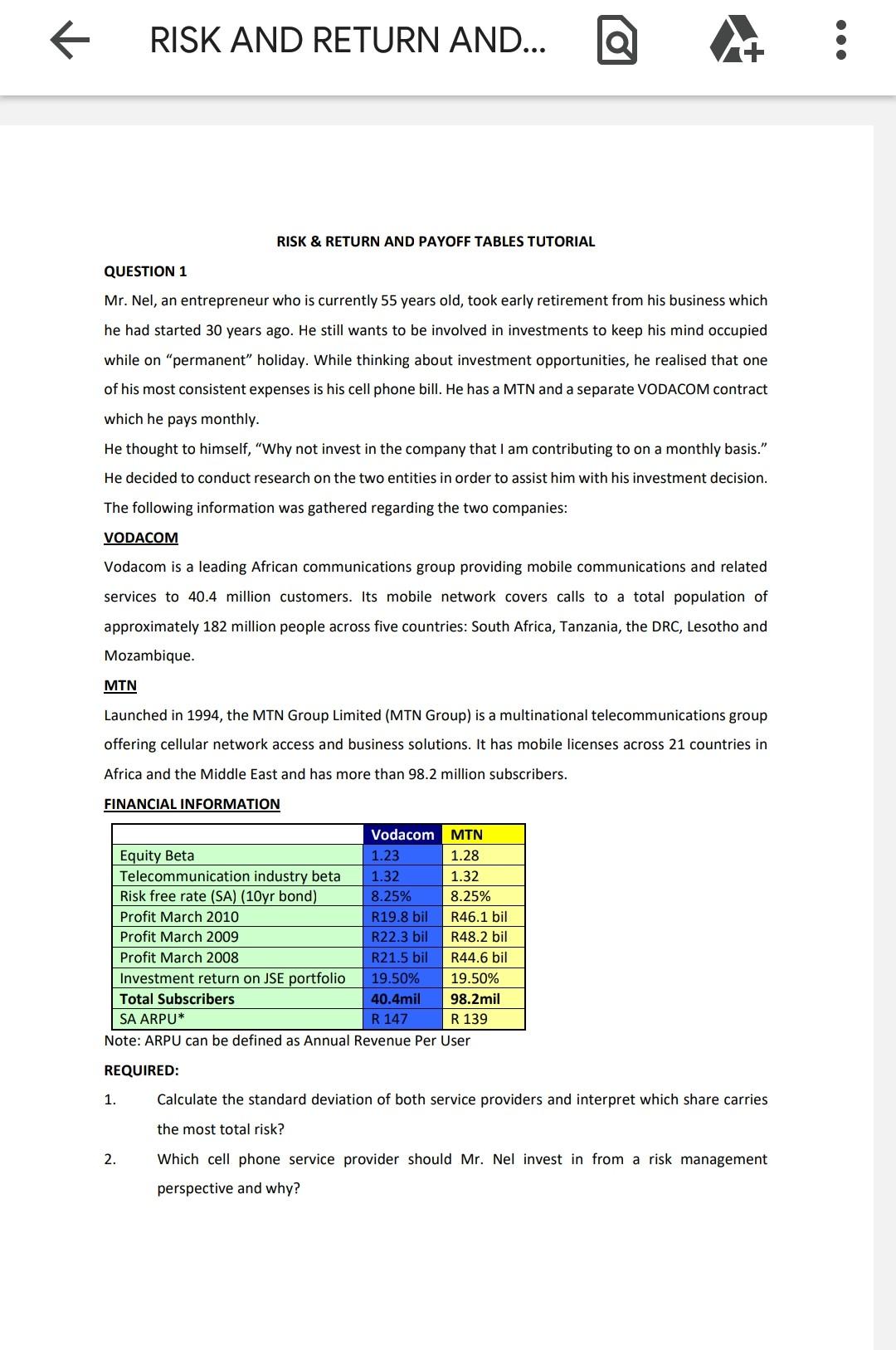  RISK \& RETURN AND PAYOFF TABLES TUTORIAL QUESTION 1 Mr. Nel,