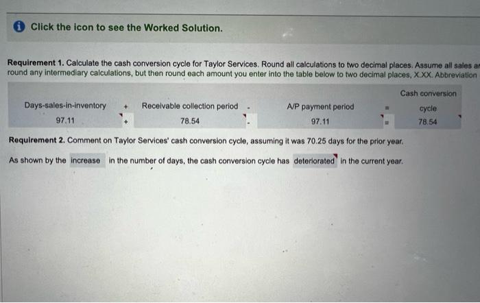 additional data.) Read the requirements: Requirement 1. Calculate the cash conversion cycle