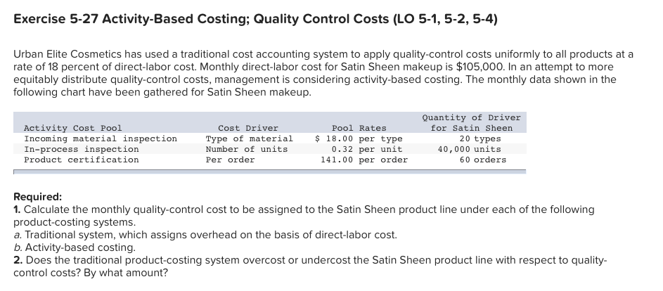  Exercise 5-27 Activity-Based Costing; Quality Control Costs (LO 5-1, 5-2, 5-4)