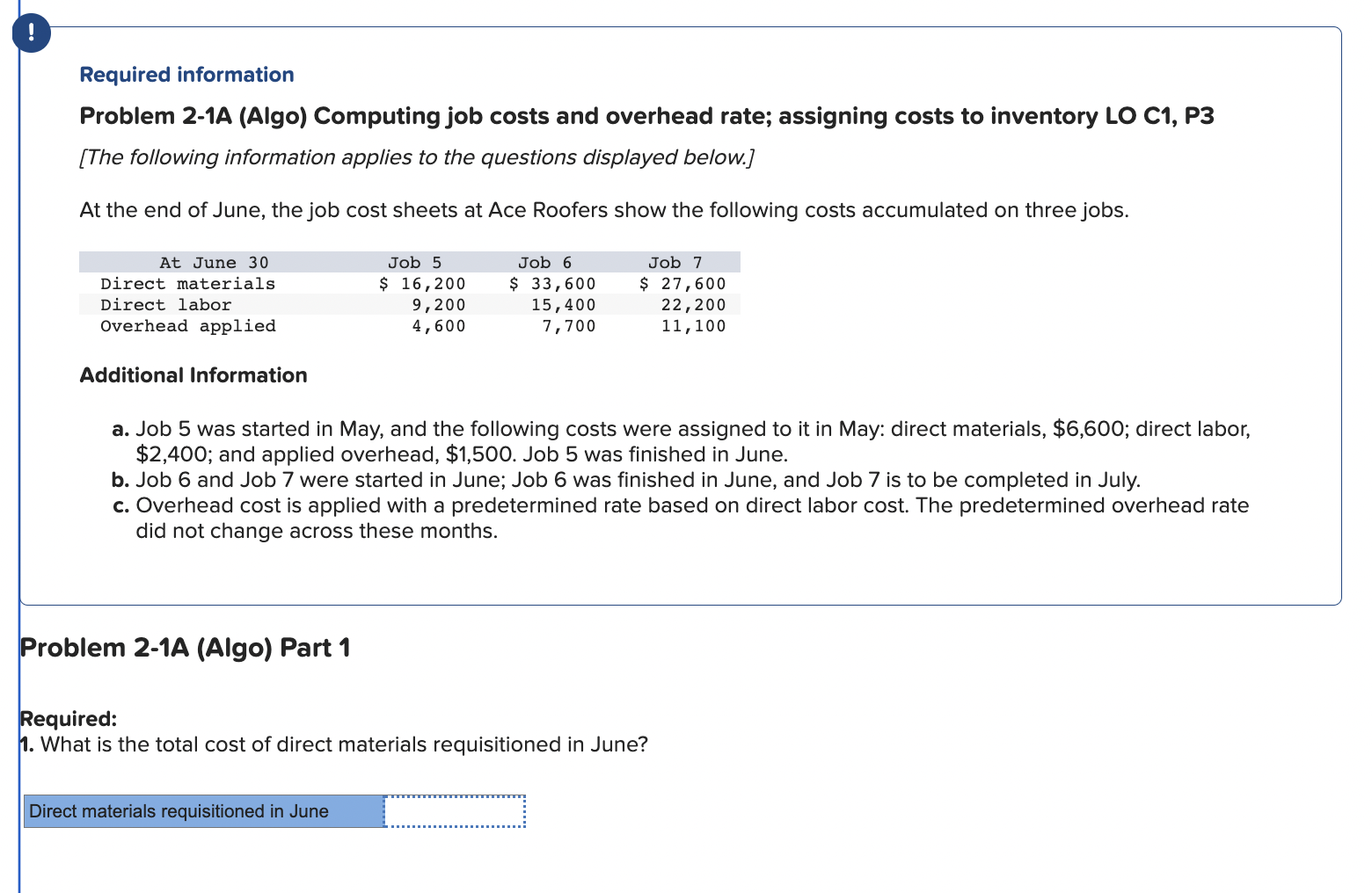  Problem 2-1A (Algo) Computing job costs and overhead rate; assigning costs