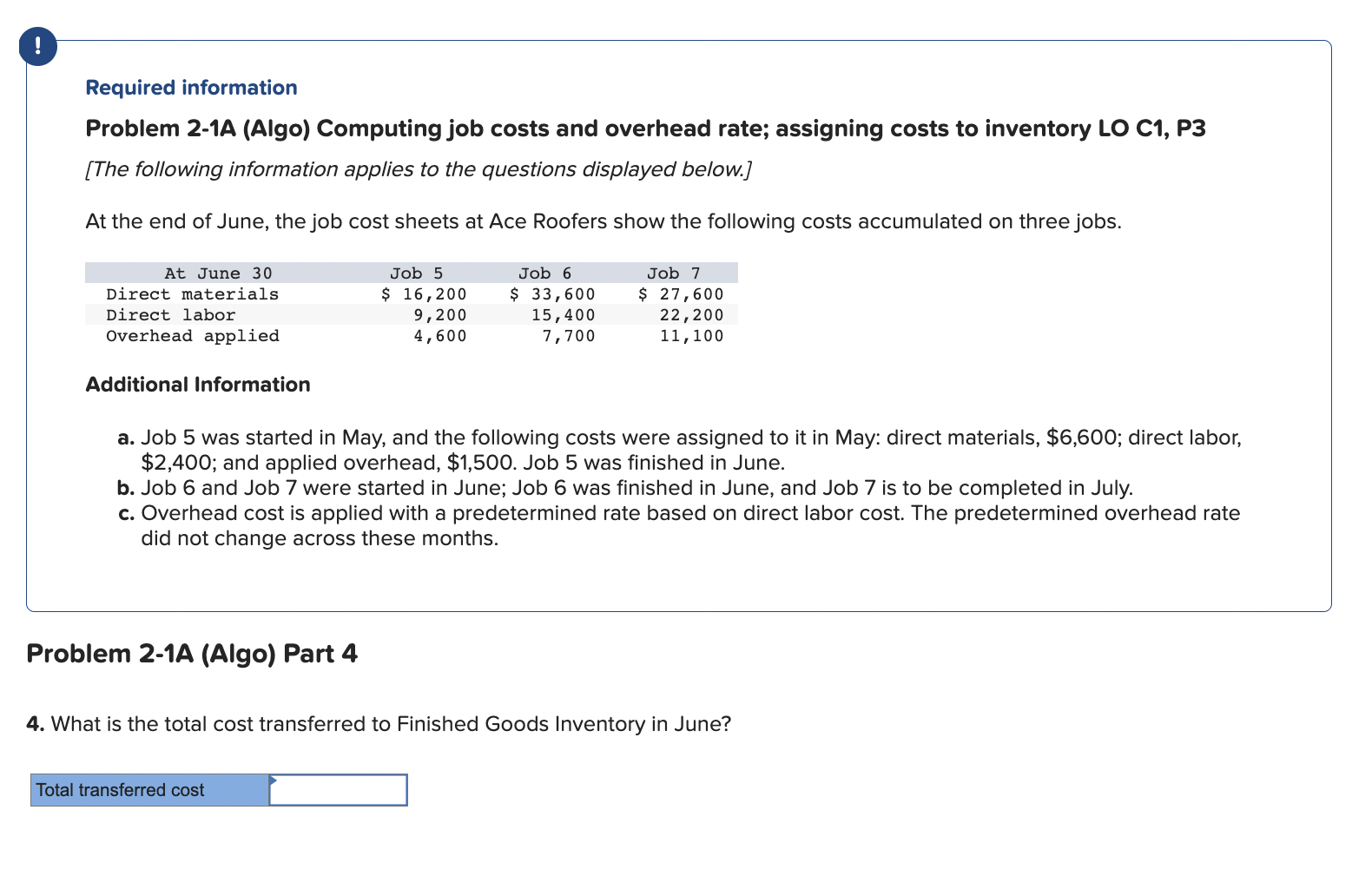 Ace Roofers show the following costs accumulated on three jobs. Additional Information