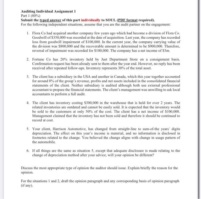  Auditing Individual Assignment 1 Part 1 (80%) Submit the typed answer