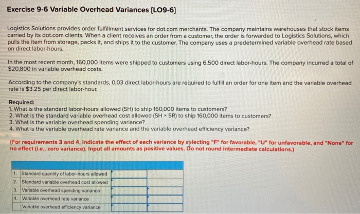Show work please Exercise 9-6 Variable Overhead Variances (LO9-6) Logistics Solutions provides