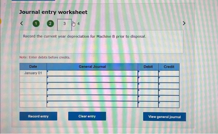 entry worksheet Machine A: Sold on January 1 for $13,000 cash. Record