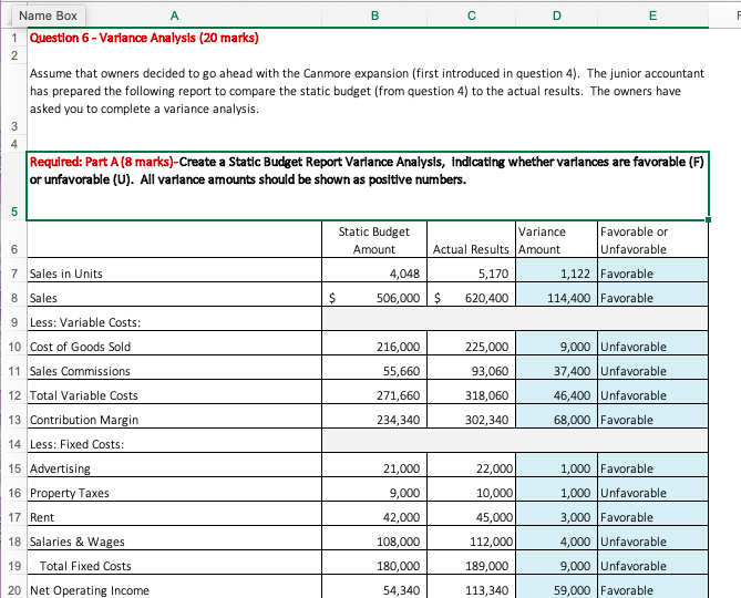 B D E F Name Box 1 Question 6 - Variance