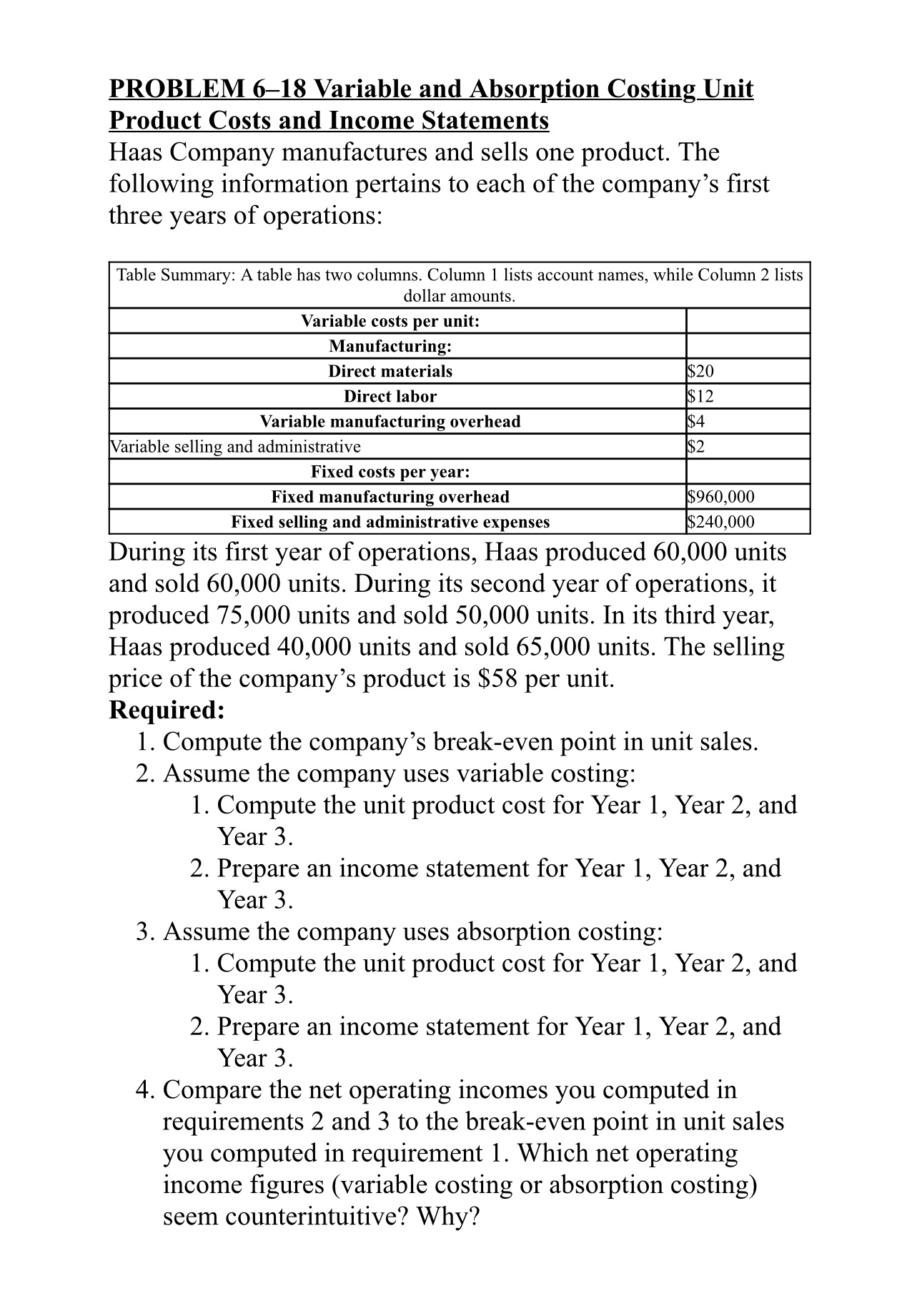  PROBLEM 6-18 Variable and Absorption Costing Unit Product Costs and Income