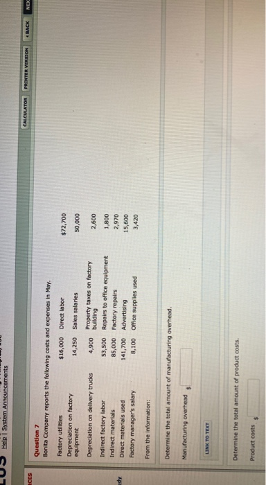  Help System Announcements CALCULATOR PRINTER VERSION BACK ICES NEX Question 7