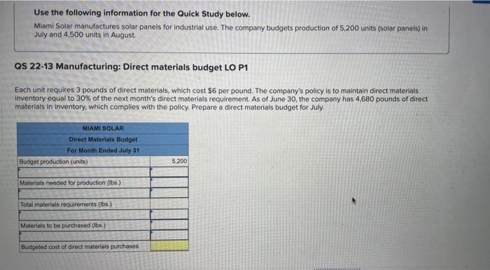  Use the following information for the Quick Study below. Miami Solar