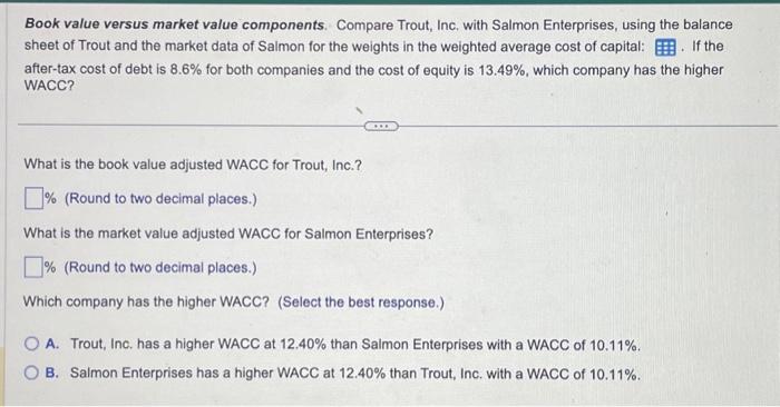  Book value versus market value components. Compare Trout, Inc. with Salmon